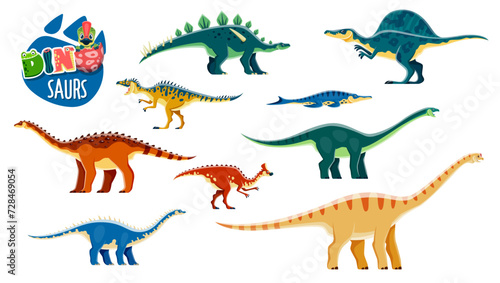 Cartoon dinosaur, extinct reptile characters. Prehistoric animal, Jurassic era lizards. Kotasaurus, Amygdalodon, Oxalaia and Lexovisaurus, Aragosaurus, Neovenator dinosaur vector funny personages