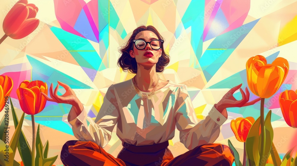 Colorful Pop art abstract illustration of a girl meditating among tulips, retro style Colorful Pop art abstract illustration of a girl meditating among tulips, retro style