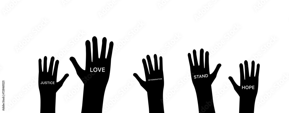 Raised hands set. Silhouette style. Vector icon