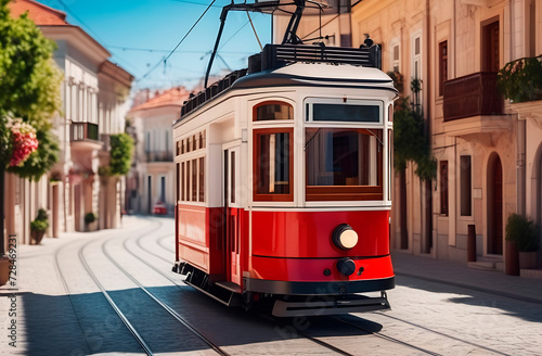 Tourist vintage red tram on the street on a sunny day, narrow streets, winding road, vacation, travel, tourism. Made with the help of artificial intelligence. High quality photos