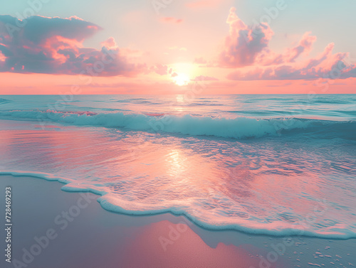 Beautiful sunset over a pink sandy beach and ocean. spectacular beach scene, beach travel view background 