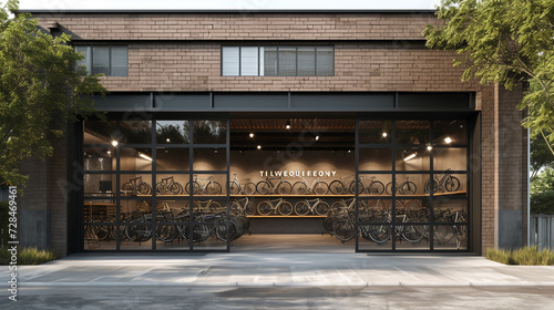 A high-end bicycle shop with a modern, industrial facade and custom bike displays  photo
