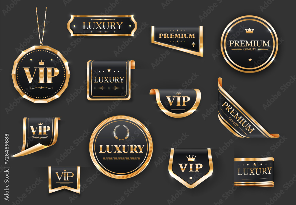 Golden VIP luxury labels and banners or premium quality stickers, vector ribbons and badges. VIP certificate labels and tags with shiny golden wreath, star and royal crown on black badges or pendant