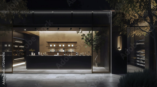 A high-end fragrance boutique with a dark, mysterious entrance and a minimalist, elegant sign 