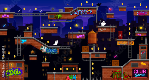 Arcade roof game level map interface. Graffiti and golden coins, roof platforms and metal stairs, ghosts and traps. Vector 2d night urban cityscape location with jumping islands, ladders and monsters