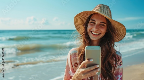 Fototapeta Naklejka Na Ścianę i Meble -  A beautiful young girl in a straw hat uses a phone, a smartphone application against the background of the beach and sea. Mobile communications and Internet while traveling.