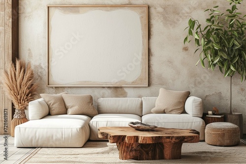 Rustic sofa and live edge coffee table against beige wall with big empty mock up poster frame. Scandinavian home interior design of modern living room in farmhouse.