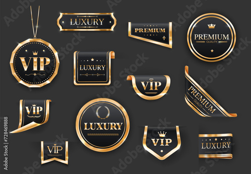 Golden VIP luxury labels and banners or premium quality stickers, vector ribbons and badges. VIP certificate labels and tags with shiny golden wreath, star and royal crown on black badges or pendant