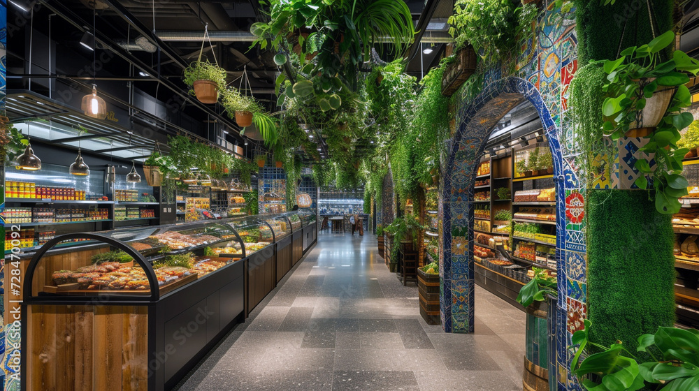A high-end gourmet food market with a vibrant, mosaic-tiled entrance and lush hanging plants 