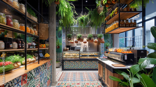 A high-end gourmet food market with a vibrant, mosaic-tiled entrance and lush hanging plants 