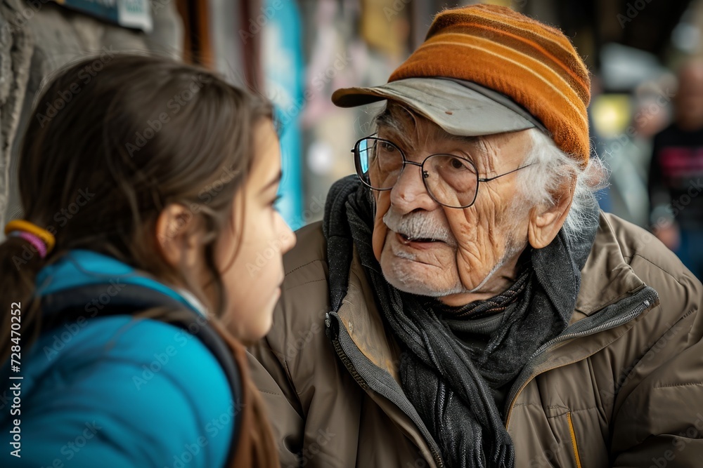 Elderly man talking to his granddaughter at the street . Elderly person sharing wisdom with a younger generation, captured in a moment of animated conversation. 