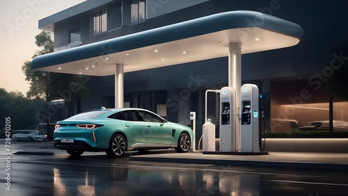 Modern Electric Vehicle Charging Station With Car Plugged In. Eco-friendly and sustainable technology