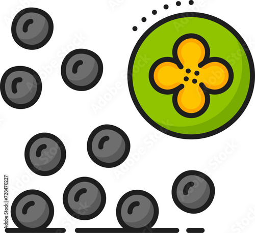 Rapeseed and canola oil seeds icon features tiny, round, black seeds and yellow flower inside of green circle. Isolated vector linear symbol of agriculture production for culinary and industrial apps