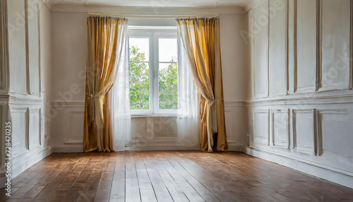 Classic empty interior with white wall, wood floor, window and curtain.