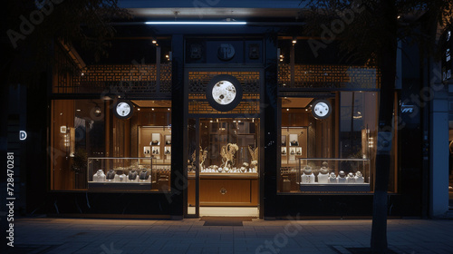 A high-end jewelry store front with intricate metalwork and discreet security cameras, bathed in moonlight  photo