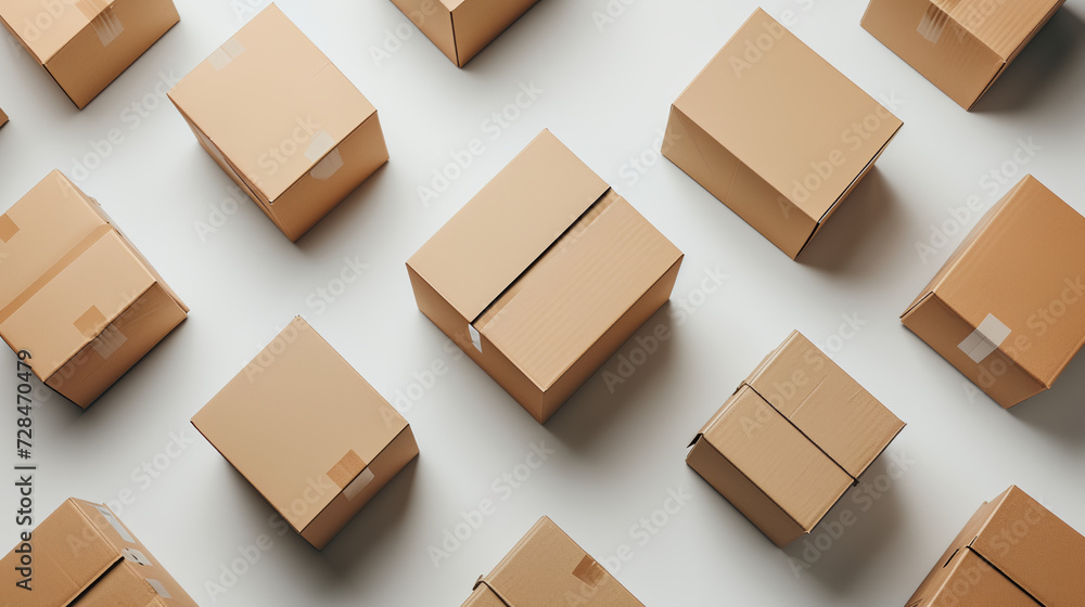 Flay lay brown cardboard boxes stacked on each other.  Top view. Shopping delivery concept 