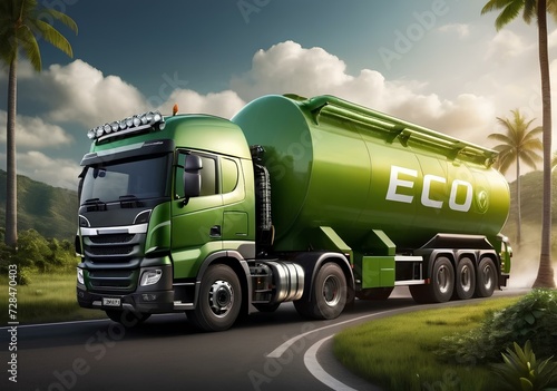 Eco fuel truck in the middle of nature. Bio fuel production concept. Eco-friendly, sustainable and alternative energy. photo