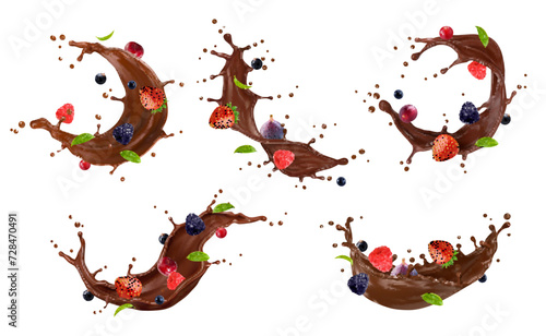 Chocolate cream and milk drink splashes with berries. Realistic set of flow waves with fresh strawberry, raspberry, currant, cranberry, and green leaves. Isolated 3d vector dessert stream splatters