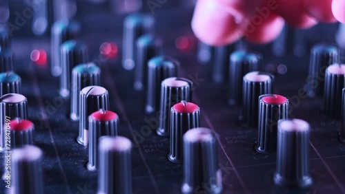 Male hand adjusting buttons on audio mixer in neon light close-up. Working mixing console in colorful background. DJ plays music at night club in multi-color effect. Sound engineer moving faders level photo