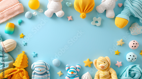 Flat lay composition top view of kids clothes and dresses with empty space at center for children products advertising, pastel color background 