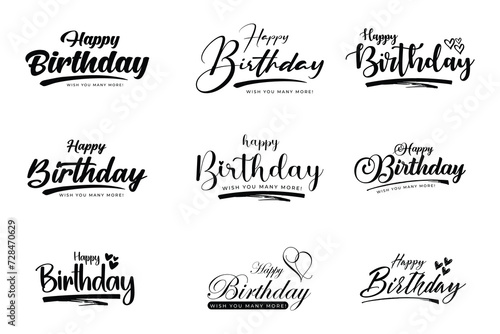 Happy Birthday. Happy birthday handwritten text lettering calligraphy set isolated on white background. Vector illustration. Birthday poster design photo