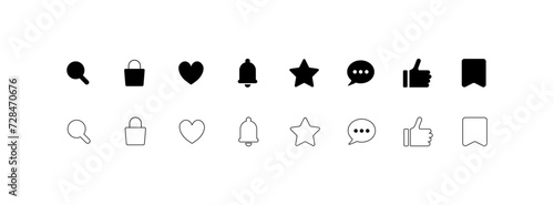 Social media buttons. Magnifying glass, key lock, heart, bell, star, speech bubble, comment, thumb up, pin icons. Silhouette and linear style. Vector icon