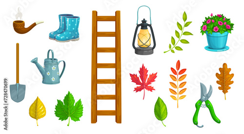 Gnome farming and gardening tools, tree leaves and plants. Isolated vector set of smoking pipe, rubber boots, watering can, shovel and foliage. Ladder, gasoline lantern, pruner and potted flower