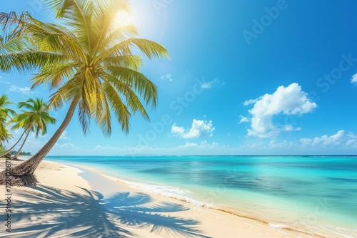 Sunny tropical Caribbean beach with palm trees and turquoise water, Caribbean island vacation, hot summer day © Areesha