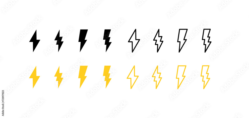 Set of lightning icons. Flat, linear and silhouette style. Vector icon Set of lightning icons. Flat, linear and silhouette style. Vector icon