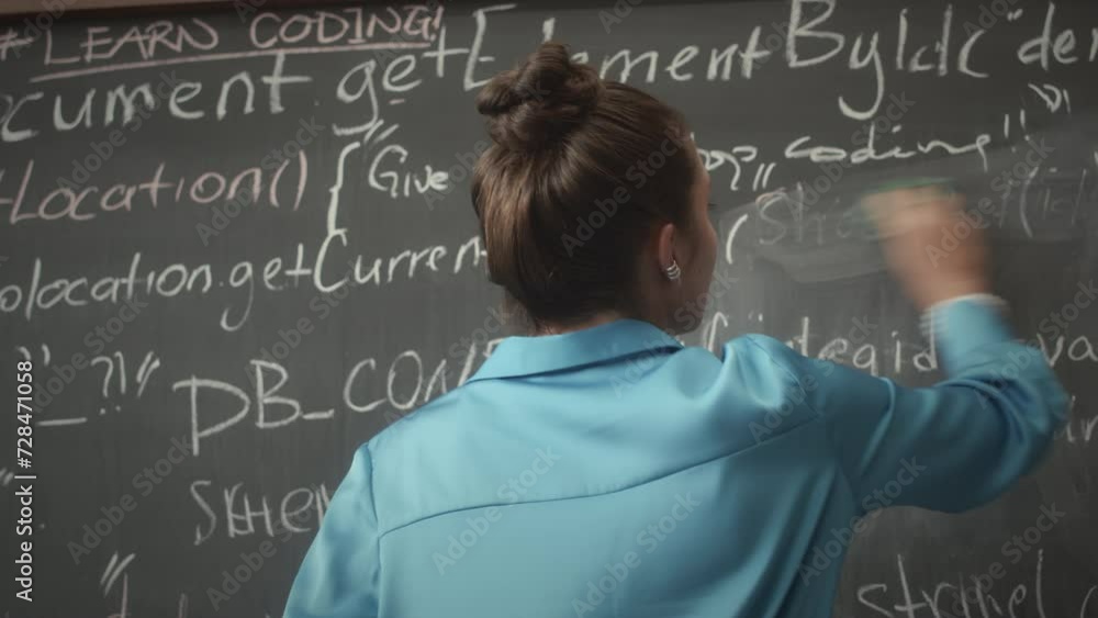 Back view of female programmer writing code with chalk on blackboard, removing it with cloth and adding correct information Back view of female programmer writing code with chalk on blackboard, removing it with cloth and adding correct information