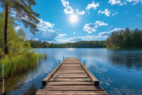 Traditional Finnish and Scandinavian view. Beautiful lake on a summer day and an old rustic wooden dock or pier in Finland. Sun shining on forest and woods in blue sky.