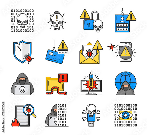 Cyber attack line icons, hackers crime and computer security fraud or internet phishing, vector symbols. Cyber attack with web bug virus and digital password code, computer data cyber crime hacker