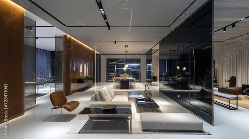 A luxury home decor boutique with a modern, sleek design and interactive window displays 