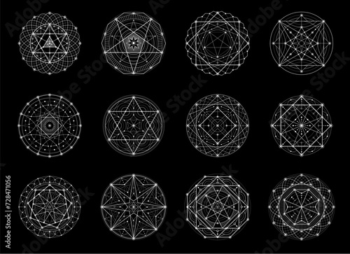 Sacred geometry, esoteric, magic and alchemy vector symbols of myth and meditation pentagram. Spiritual tattoo shapes of sacred geometry and esoteric occult pentagrams or star pentacles with pyramid