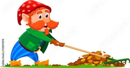 Cartoon gnome or dwarf gardener character with a pointy hat diligently rakes colorful leaves in a charming garden. Isolated vector whimsical personage bringing a touch of magic to the autumn scene