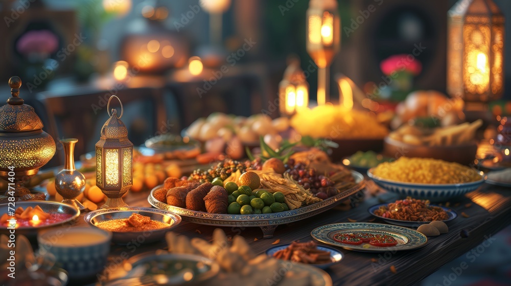 Ramadan Kareem Iftar table with festive traditional Arab dishes