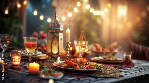 Ramadan Kareem Iftar table with festive traditional Arab dishes photo