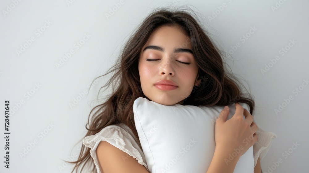 World Sleep Day. Beautiful girl hugging pillow. Healthy night sleep concept. Bedding store banner template World Sleep Day. Beautiful girl hugging pillow. Healthy night sleep concept. Bedding store banner template