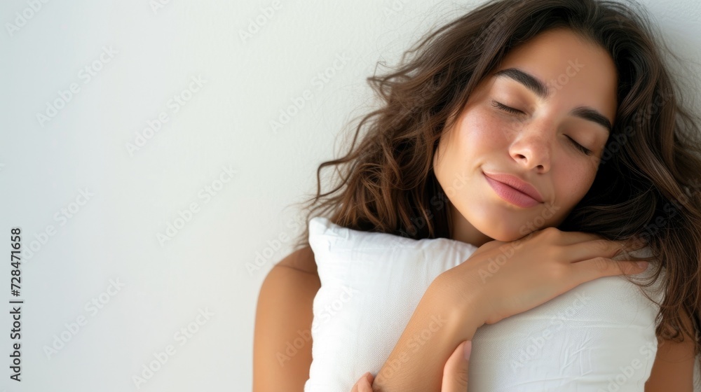 World Sleep Day. Beautiful girl hugging pillow. Healthy night sleep concept. Bedding store banner template World Sleep Day. Beautiful girl hugging pillow. Healthy night sleep concept. Bedding store banner template