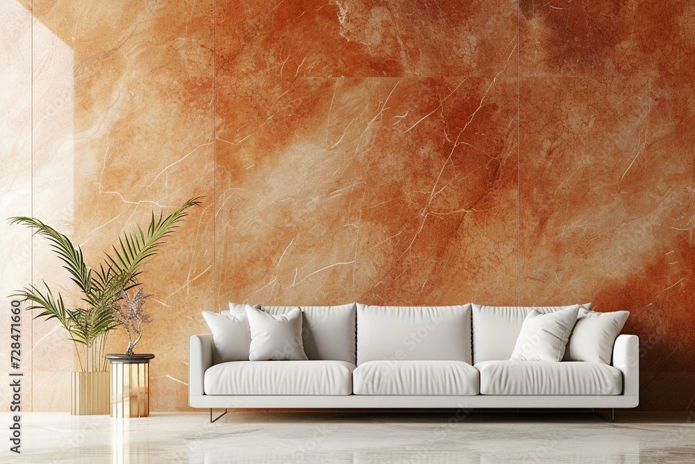 White sofa against terra cotta marble stone paneling wall with copy space. Minimalist home interior design of modern living room. - obrazy, fototapety, plakaty 
