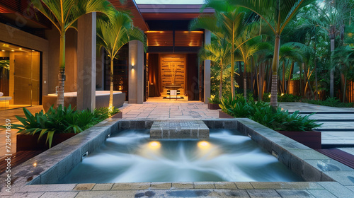 A luxury spa entrance with a tranquil water feature and serene, natural stone path  © AI ARTS