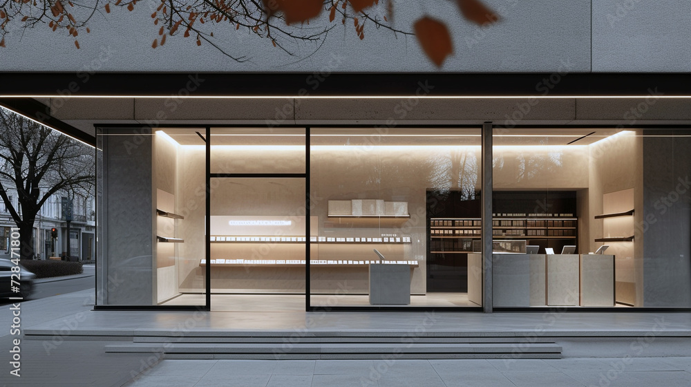 A luxury stationery store with a minimalist, concrete facade and a bold, typographic sign  - obrazy, fototapety, plakaty 