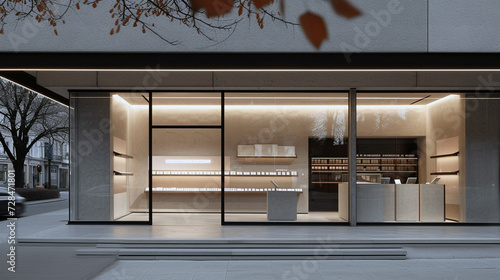 A luxury stationery store with a minimalist, concrete facade and a bold, typographic sign 