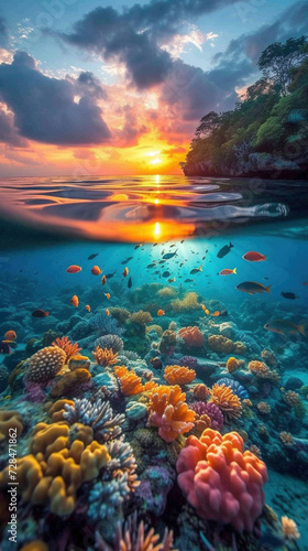Split view of a vibrant coral reef underwater and a breathtaking sunset sky above the ocean. © swissa
