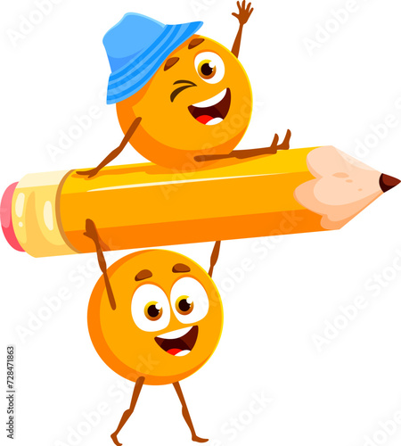 Cartoon funny division sign characters, two dots, separated with pencil. Isolated cute vector math personages exude charm, showcasing teamwork and competitiveness, ready for mathematical actions