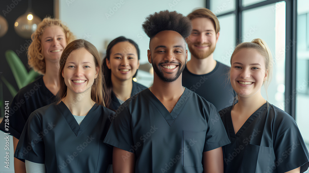 Diverse Team of Smiling Healthcare Professionals. A group portrait of a diverse and cheerful team of healthcare workers in scrubs, representing unity in medical staff.
Diverse Team of Smiling Healthcare Professionals. A group portrait of a diverse and cheerful team of healthcare workers in scrubs, representing unity in medical staff.