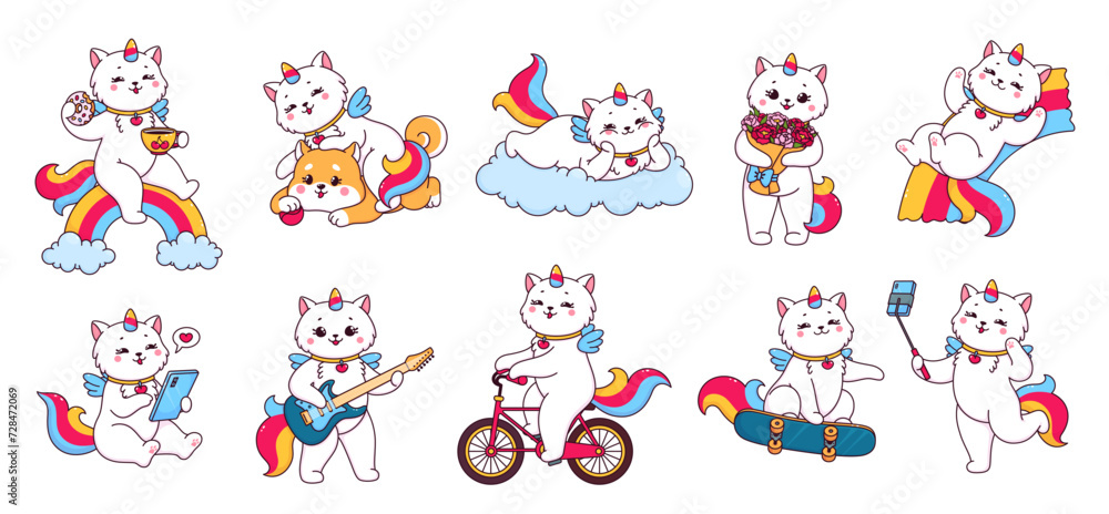 Cartoon cute caticorn cat and kitten characters set. Funny unicorn cat ...