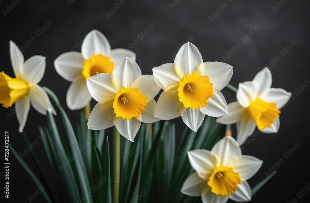 Spring flowers,daffodils on blue background,five flowers and green leaves Spring flowers,daffodils on blue background,five flowers and green leaves