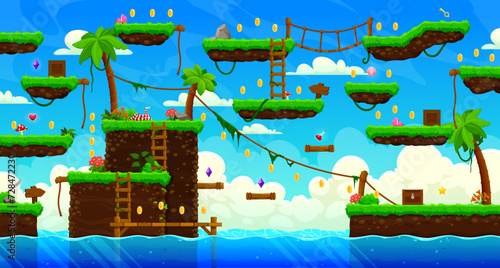 Arcade tropical island game level map interface. Sky clouds, palms and lianas, golden coins, platforms and bonuses, stairs or bridges over the sea. Cartoon vector fantasy world location Ui landscape