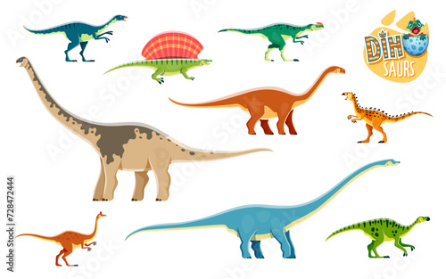 Cartoon dinosaurs  cute reptiles characters. Extinct animal  paleontology vector lizard. Dryosaurus  Edaphosaurus  Cetiosaurus and Scutellosaurus  Paralititan  Mamenchisaurus dinosaurs personages